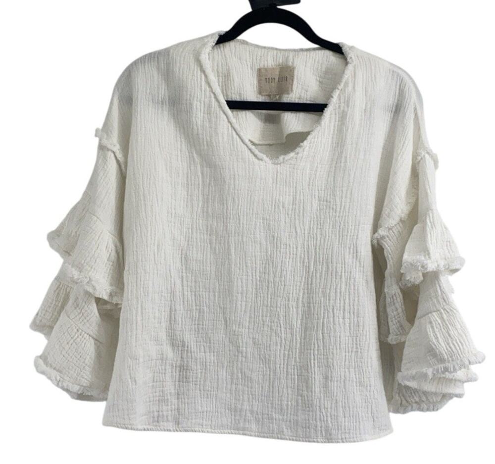 Moon River Womens Small Blouse Top Bell Sleeves White Cotton Gauze